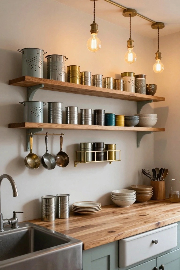 Kitchen featuring wooden open shelves lined with assorted metal tins and cans in various sizes and colors, hanging ladles and utensils, brass pendant lights overhead, wooden countertop with plates and jars, stainless steel sink, and white cabinets below.