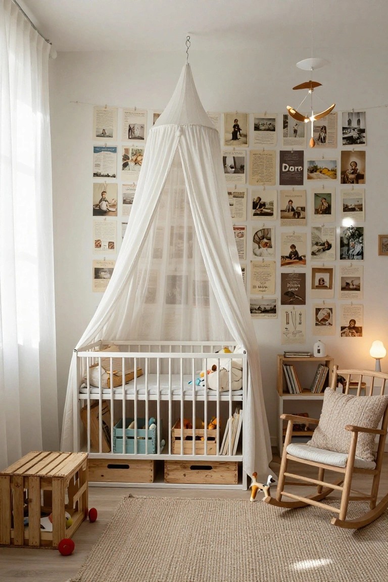 Nursery with white crib draped in sheer canopy, walls covered in pinned vintage paper clippings photos and posters, wooden crate holding toys, rocking chair with cushion, bookshelves, and window with sheer curtains