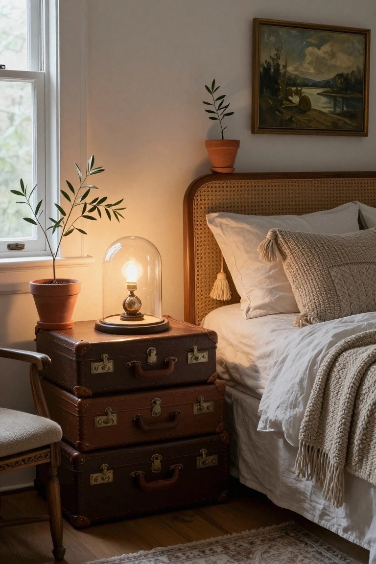 Bedroom corner with a rattan headboard on a bed with white linens and beige throw, stacked brown leather suitcases as nightstand topped by a glass-domed lamp and potted olive tree, plus another plant in terracotta pot nearby.