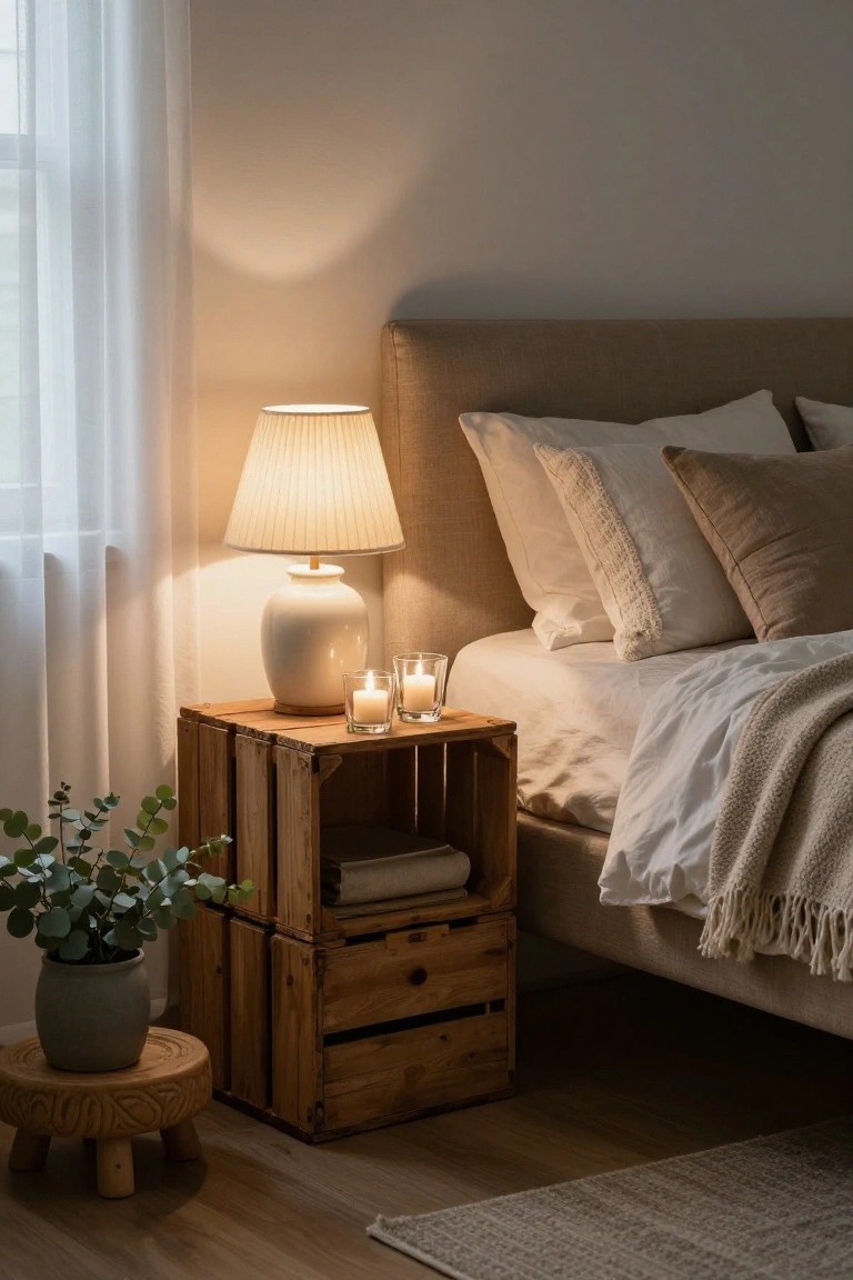 Bedroom nightstand made from stacked wooden crates holding a white ceramic lamp, glass candles, books, and linens on shelves, with a potted eucalyptus plant on a carved wooden stool nearby, bed with beige pillows and white duvet, sheer curtains, and warm lamp light.