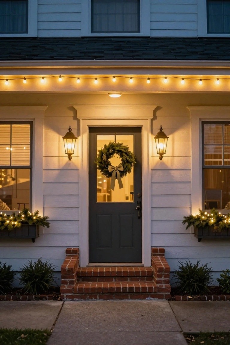 White clapboard house exterior at dusk with a covered front porch, dark green door hung with a wreath, matching lanterns on pillars, string lights along the porch soffit, garlands in window boxes, and brick steps leading to the entry.