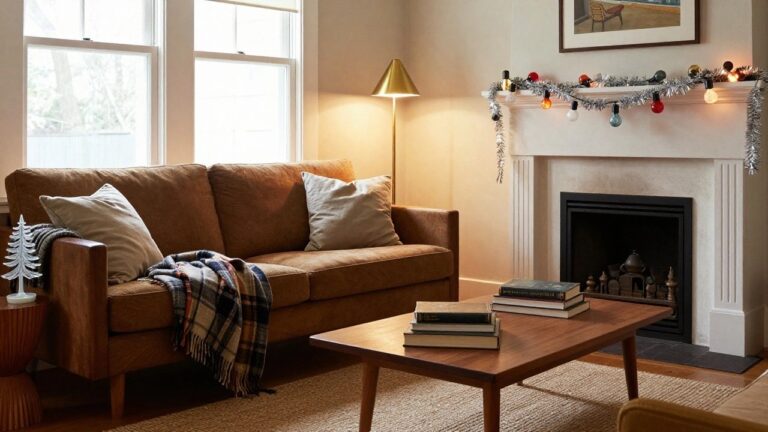 Cozy living room interior featuring a beige sofa with plaid blanket, wooden coffee table with books and white twig Christmas tree, round wooden side table with brass lamp, stone fireplace mantel decorated with silver garland and colorful vintage-style string lights, large window with blinds, and seagrass rug.