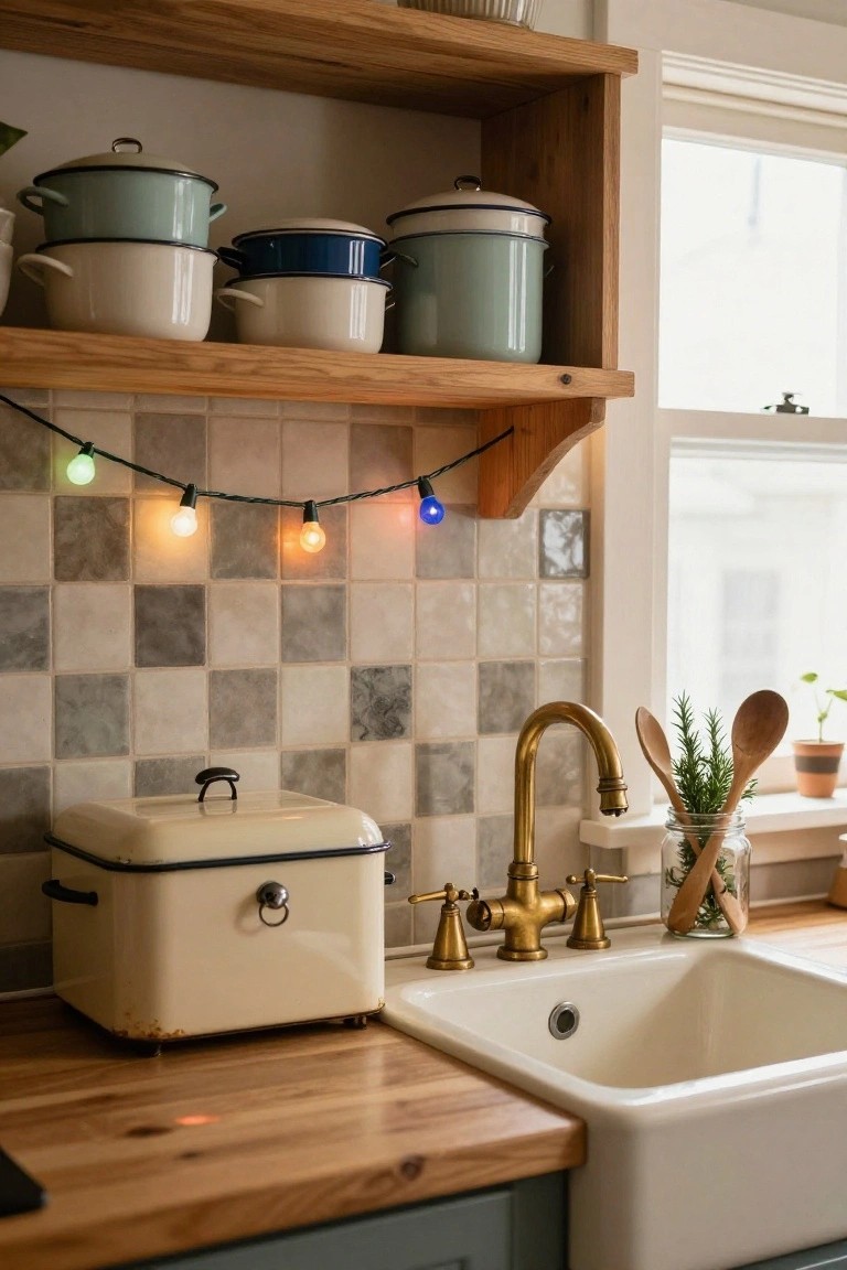 Kitchen corner showing open wooden shelves with stacked white, blue, teal, and cream enamelware pots, colorful vintage string lights hanging from a wood bracket over a gray and white tiled backsplash, brass faucet at a white farmhouse sink, wooden spoons in jars on the windowsill, and plants nearby.
