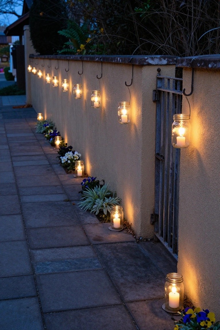 Paved stone pathway running alongside a beige stucco wall with black metal hooks holding hanging mason jar lanterns lit with candles, flower beds with violas and other plants along the base, and an iron gate at the end during twilight.