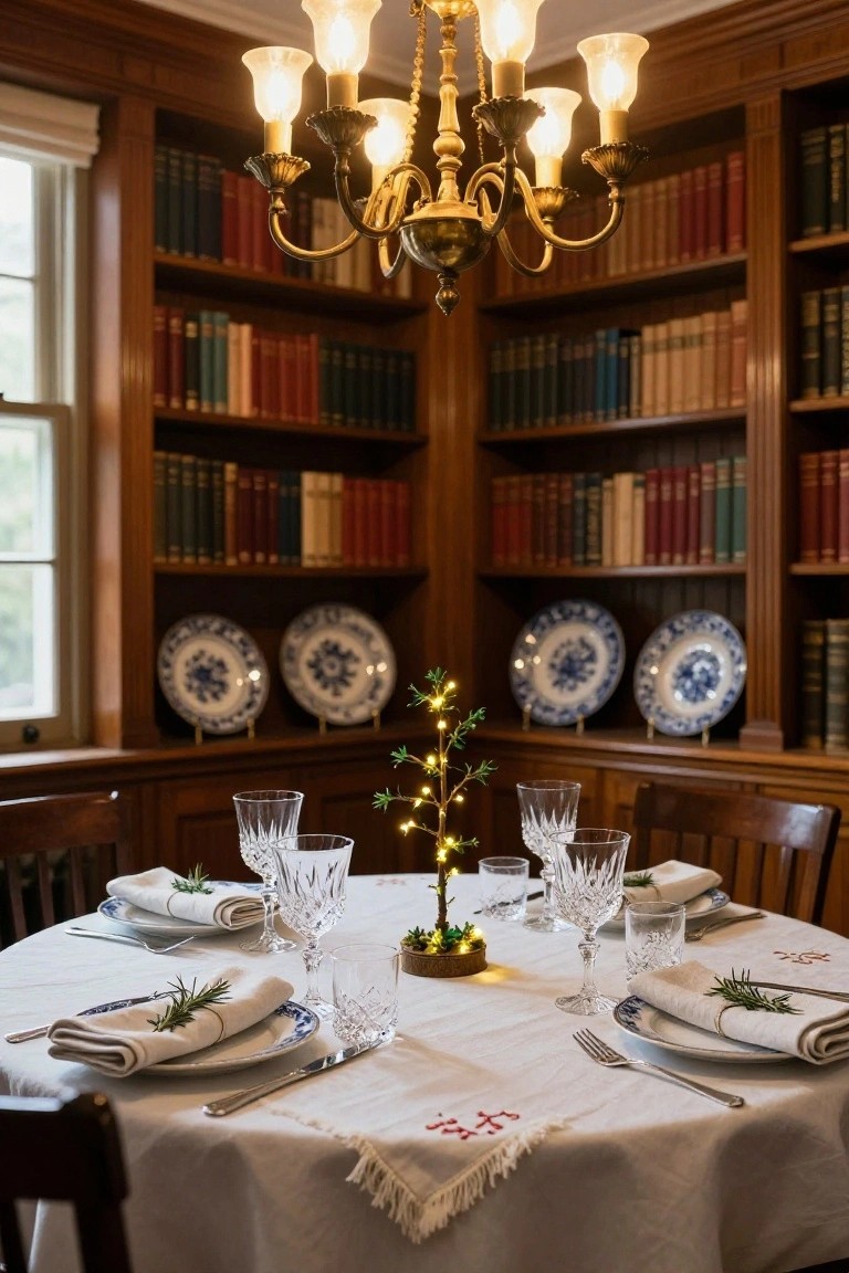 Wood-paneled library dining room with bookshelves, chandelier, round table set for four with white linens, blue plates, crystal glasses, rosemary napkin ties, and small twinkling Christmas tree centerpiece.