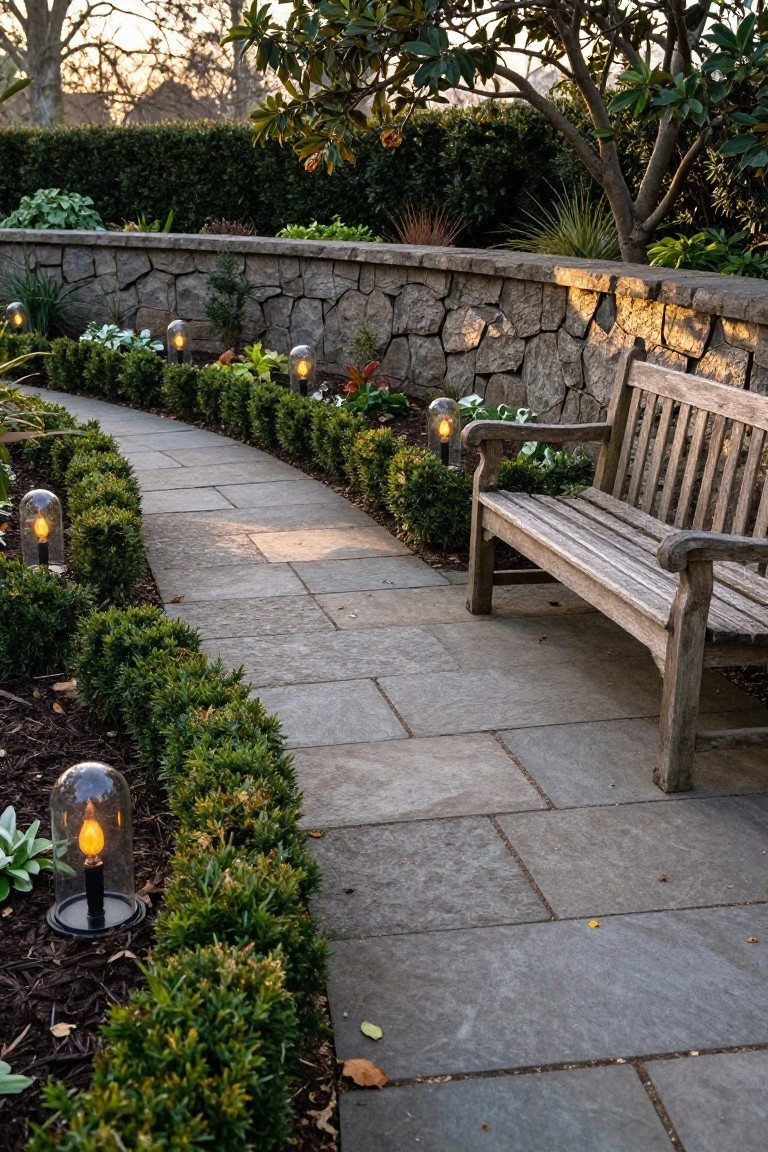 Curved stone pathway in a landscaped garden edged with boxwood shrubs and lit by glass globe lanterns with warm yellow lights, next to a wooden bench against a stone wall at dusk.