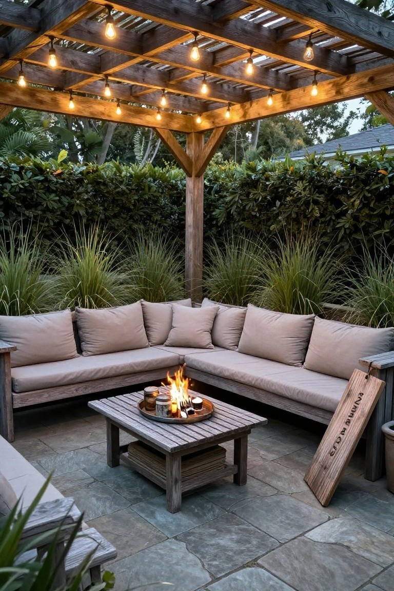 Wooden pergola with hanging string lights over beige L-shaped outdoor sofa, low wooden table with central fire pit, surrounded by potted plants, tall grasses, and hedges on stone patio tiles.