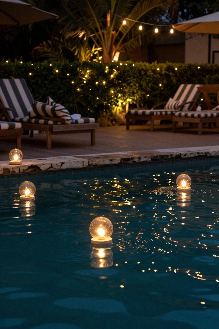 Glowing orbs floating on a nighttime pool with lounge chairs.