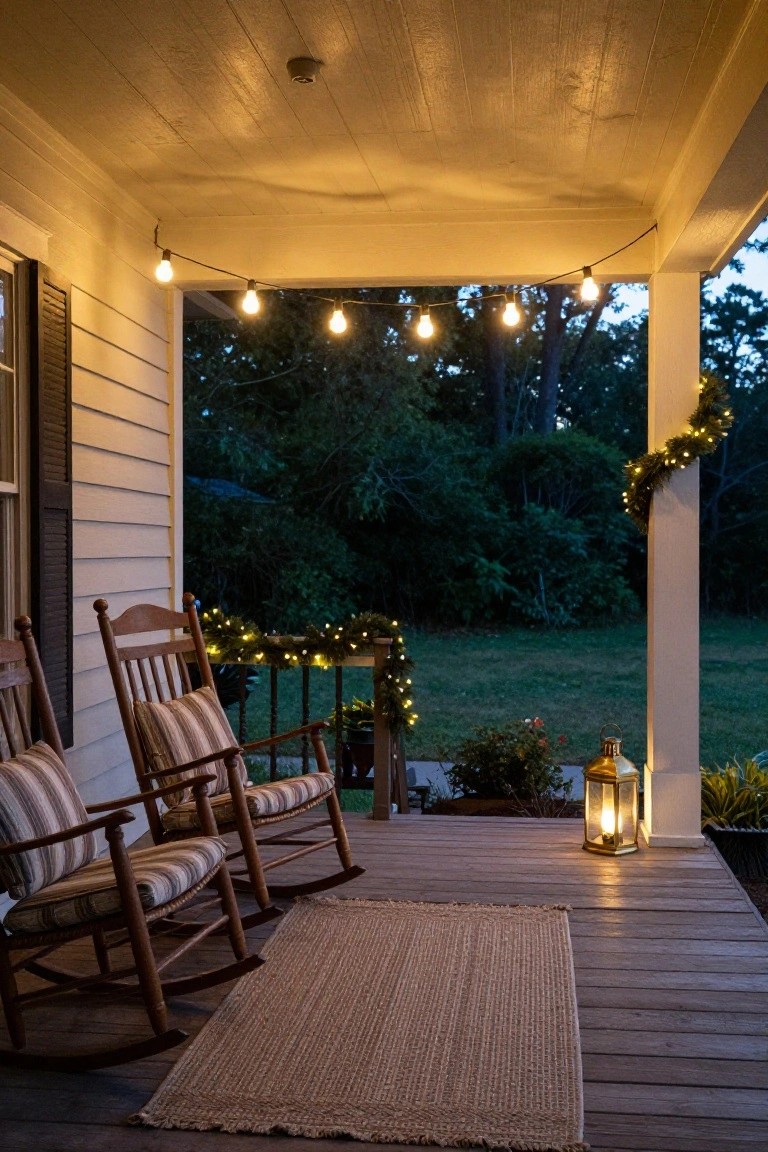 Wooden porch at dusk with two cushioned rocking chairs on a woven rug, string lights hanging from the ceiling, garlands on railings and posts, a metal lantern on the floor, and plants nearby.