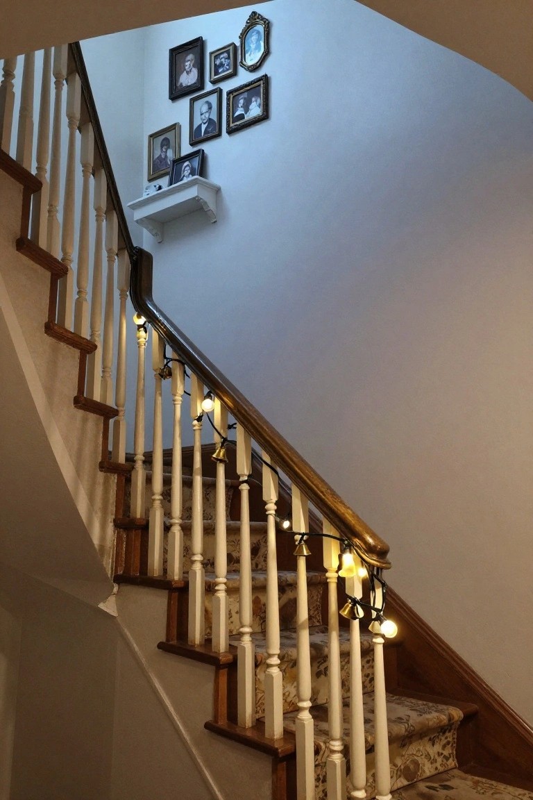 Wooden staircase with white balusters and dark wood handrail wrapped in string lights with glowing bulbs and bells, framed black-and-white photos on the wall, and a small white shelf holding a mug.