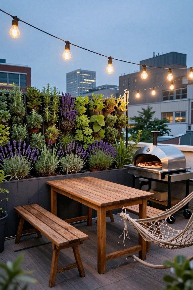 Rooftop balcony at dusk with vertical green wall garden, wooden table and benches, stainless steel pizza oven, hammock, and strings of warm Edison bulb lights overhead, city buildings in background.