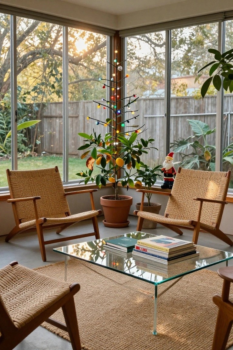 Sunroom corner with large windows overlooking a backyard garden, featuring two rattan armchairs around a glass coffee table stacked with books, a potted lemon tree, a Santa gnome figurine, and a slender Christmas tree strung with multicolored bubble lights.