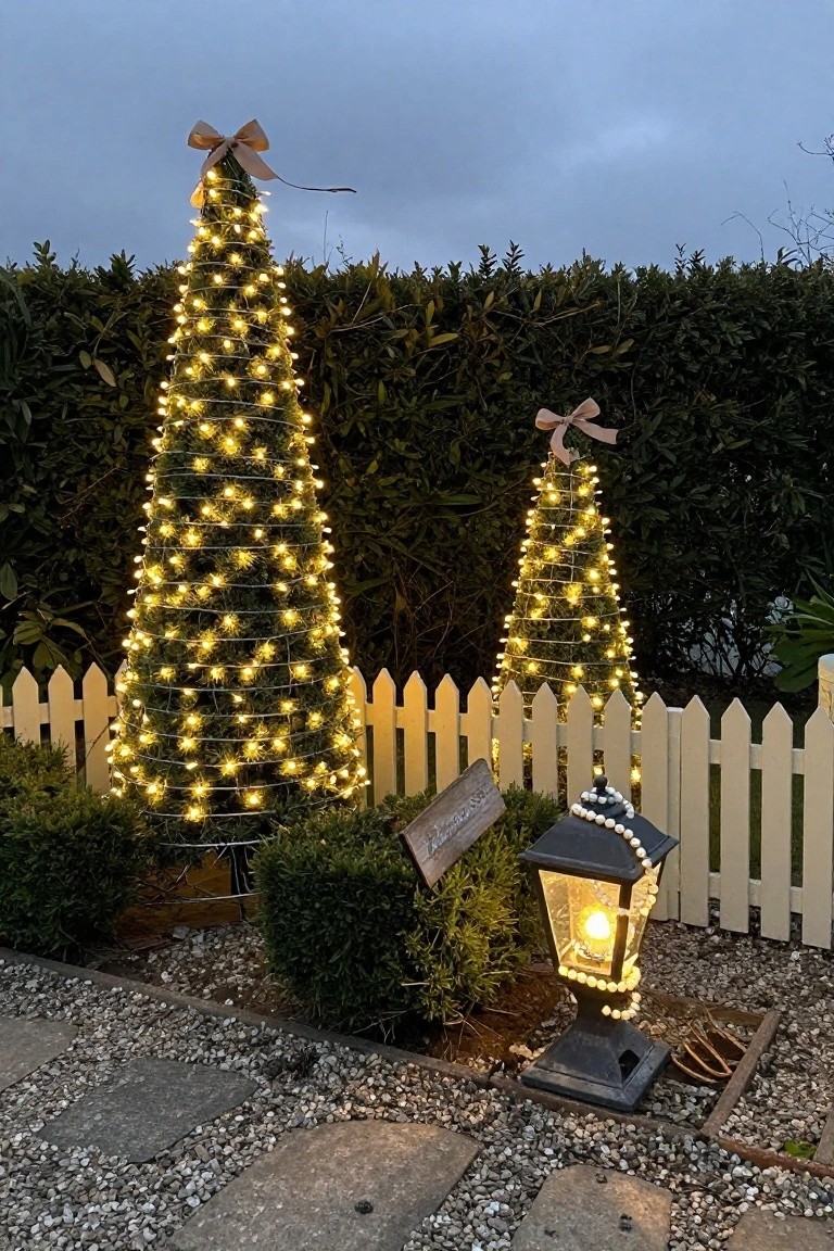 Two tall slender artificial Christmas trees wrapped in warm white string lights stand next to a white picket fence in a backyard garden, with boxwood shrubs, a lit black lantern draped in faux pearls, and a gravel path in the foreground.
