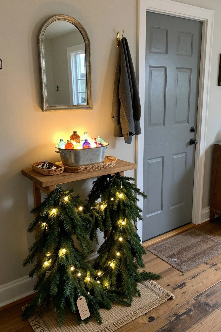 Wooden console table next to a gray door holds a galvanized bucket filled with colorful lit glass bottles, wicker baskets, and lit fir garland wreaths shaped like an M on the legs.