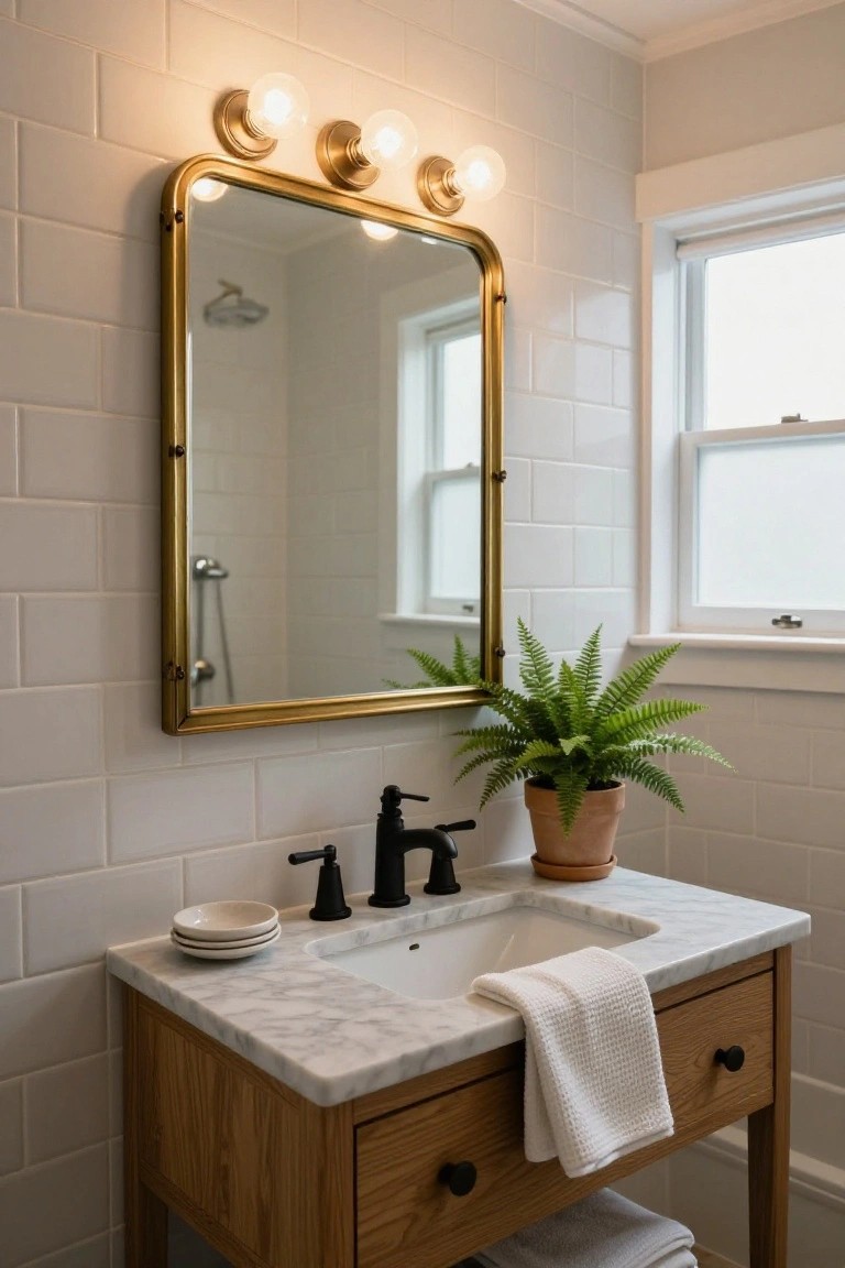 Bathroom with white subway tile walls, large gold-framed mirror, four brass sconces with white globe bulbs above it, marble sink on wooden vanity cabinet, fern plant in terracotta pot, and white towels.