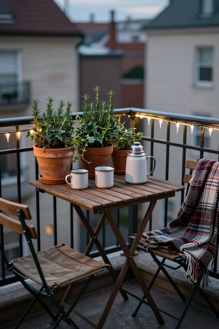 Small wooden table on a city balcony holding two white mugs and a white thermos, surrounded by potted rosemary and ivy plants, with string lights along the black metal railing at dusk.