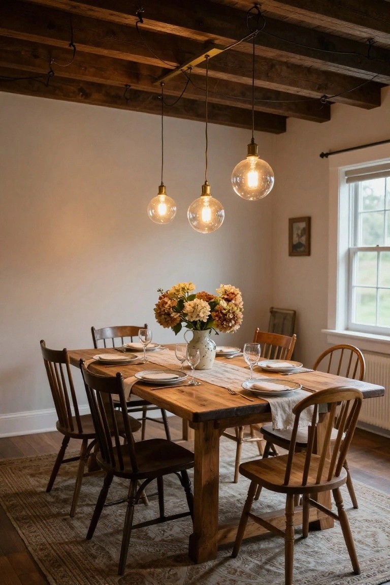 A dining room with exposed wooden ceiling beams, a rustic wooden table set with plates and a vase of flowers, wooden chairs, and three brass pendant lights with clear glass globes and glowing exposed bulbs hanging above the table.