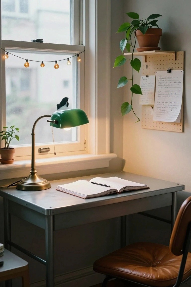 Cozy indoor desk setup with metal table, open notebook, green banker's lamp, small plants, corkboard with notes, and string of warm bulb lights along the window frame in a light gray room.