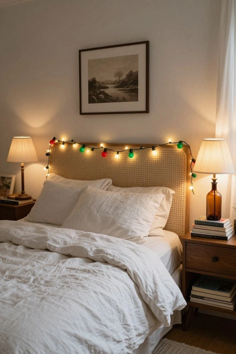 Cozy bedroom with beige rattan headboard draped in red and green string lights, white duvet and pillows on the bed, wood nightstands holding lamps, books, and a glass bottle, plus a framed black-and-white photo on the wall.