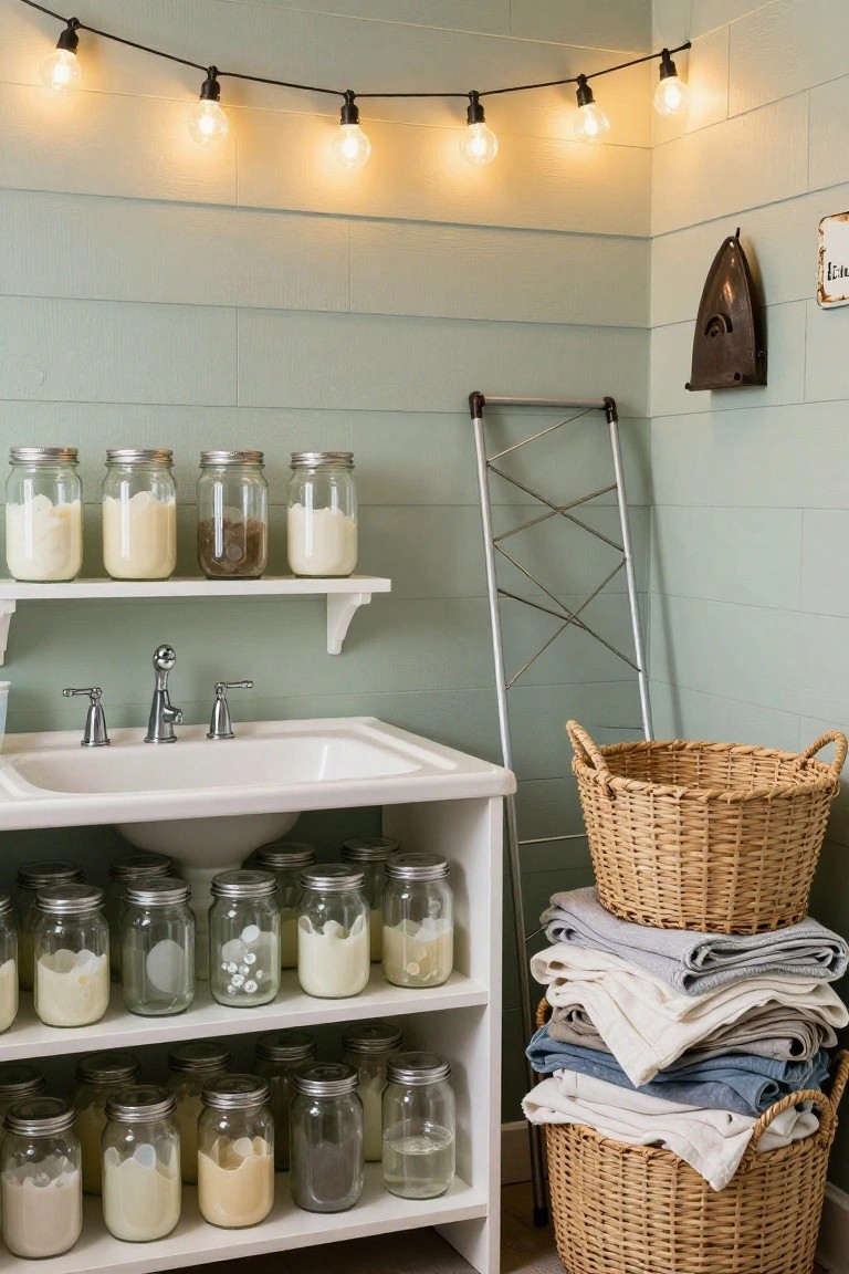 Corner of a laundry room with pale green shiplap walls, hanging string lights with glowing bulbs, white shelves holding glass jars of milk, grains, and powders, a utility sink, step ladder, iron wall hanging, and stacked wicker laundry baskets.