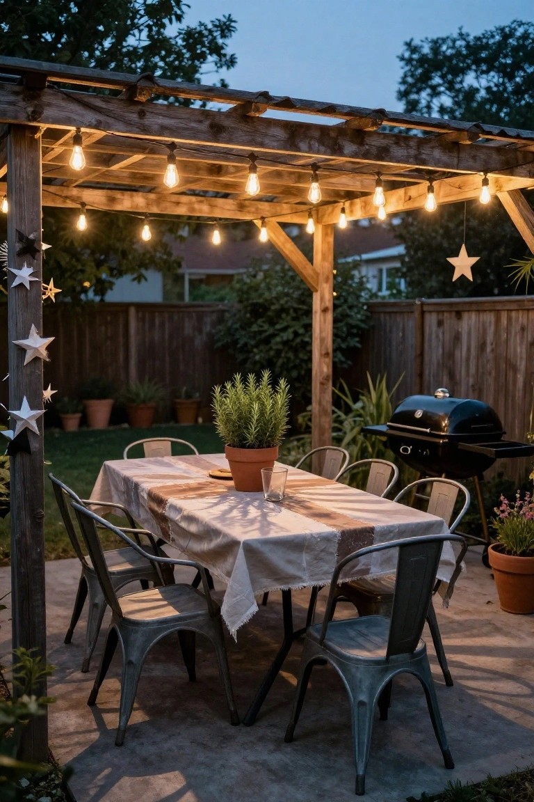 Wooden pergola with dangling string lights over a cloth-covered dining table and metal chairs on a concrete patio, next to a black grill and potted plants.