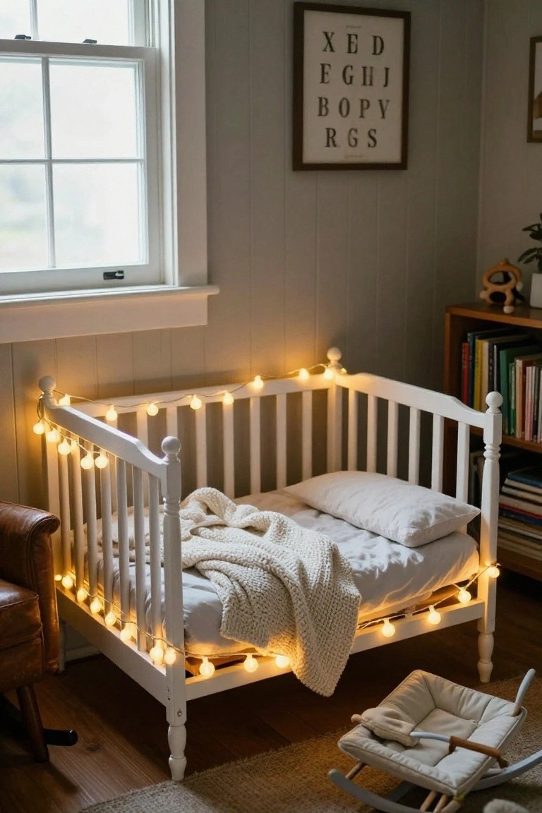 White wooden crib with round bulb string lights wrapped around the rails in a light gray nursery, knit blanket on the mattress, bookshelves, rocking chair, and window nearby.