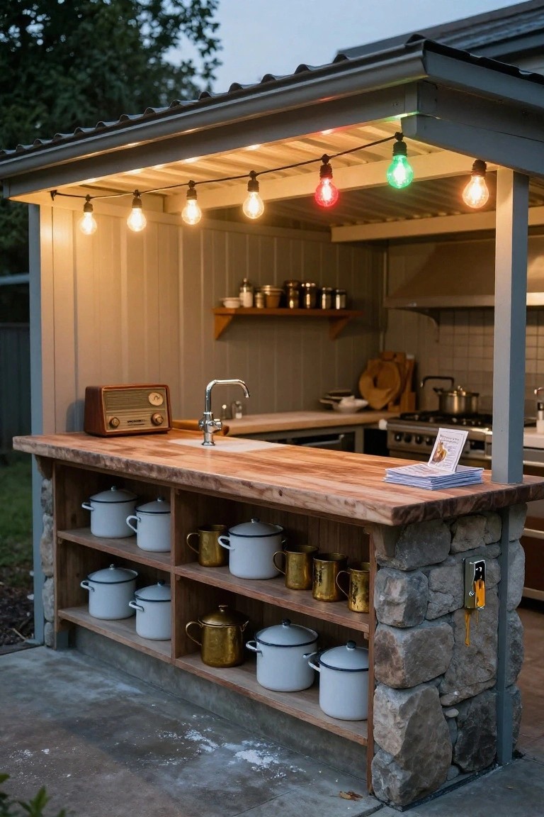Outdoor kitchen under a gray metal-roofed patio cover strung with colorful globe lights, featuring a wooden countertop, stone pillar base, sink, stove, shelves with enamel pots, and a vintage radio.