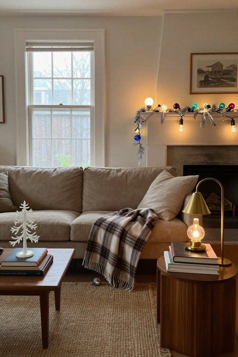 Cozy living room interior featuring a beige sofa with plaid blanket, wooden coffee table with books and white twig Christmas tree, round wooden side table with brass lamp, stone fireplace mantel decorated with silver garland and colorful vintage-style string lights, large window with blinds, and seagrass rug.