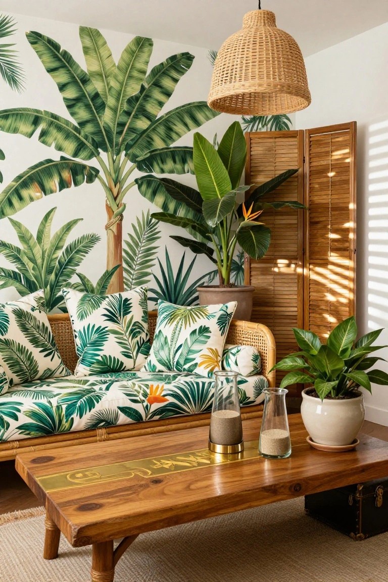 Living room with green banana leaf wallpaper on one wall, rattan sofa with tropical print cushions, wooden coffee table with Arabic inscription, potted plants, rattan pendant lamp, and room divider.