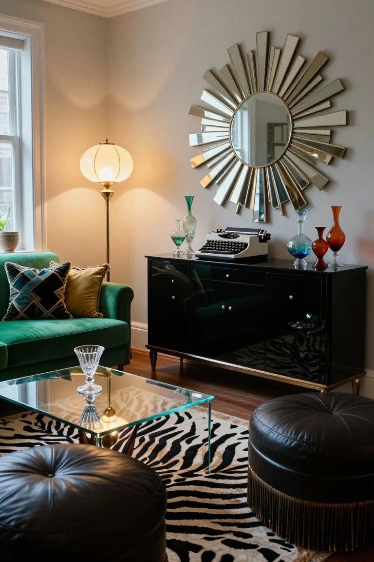 Living room corner with emerald green velvet sofa on zebra rug, black lacquer credenza topped with white typewriter and colorful glass vases and bottles, large sunburst mirror above, glass coffee table, and brown leather poufs.