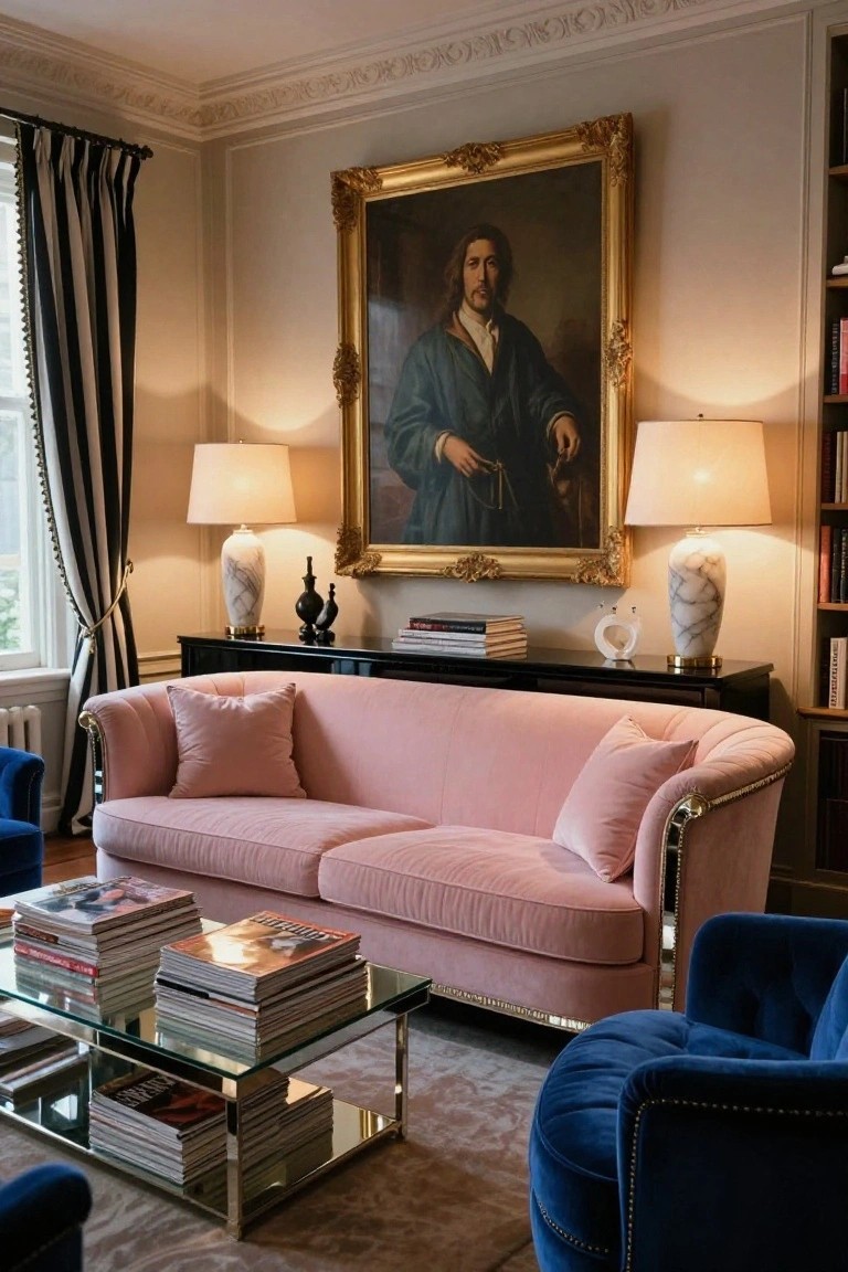 Living room with curved blush pink velvet sofa, glass coffee table holding stacked magazines and books, blue velvet armchairs, black credenza topped with books, pair of white lamps on marble bases, and large gold-framed portrait of a man on beige wall beside bookshelves.