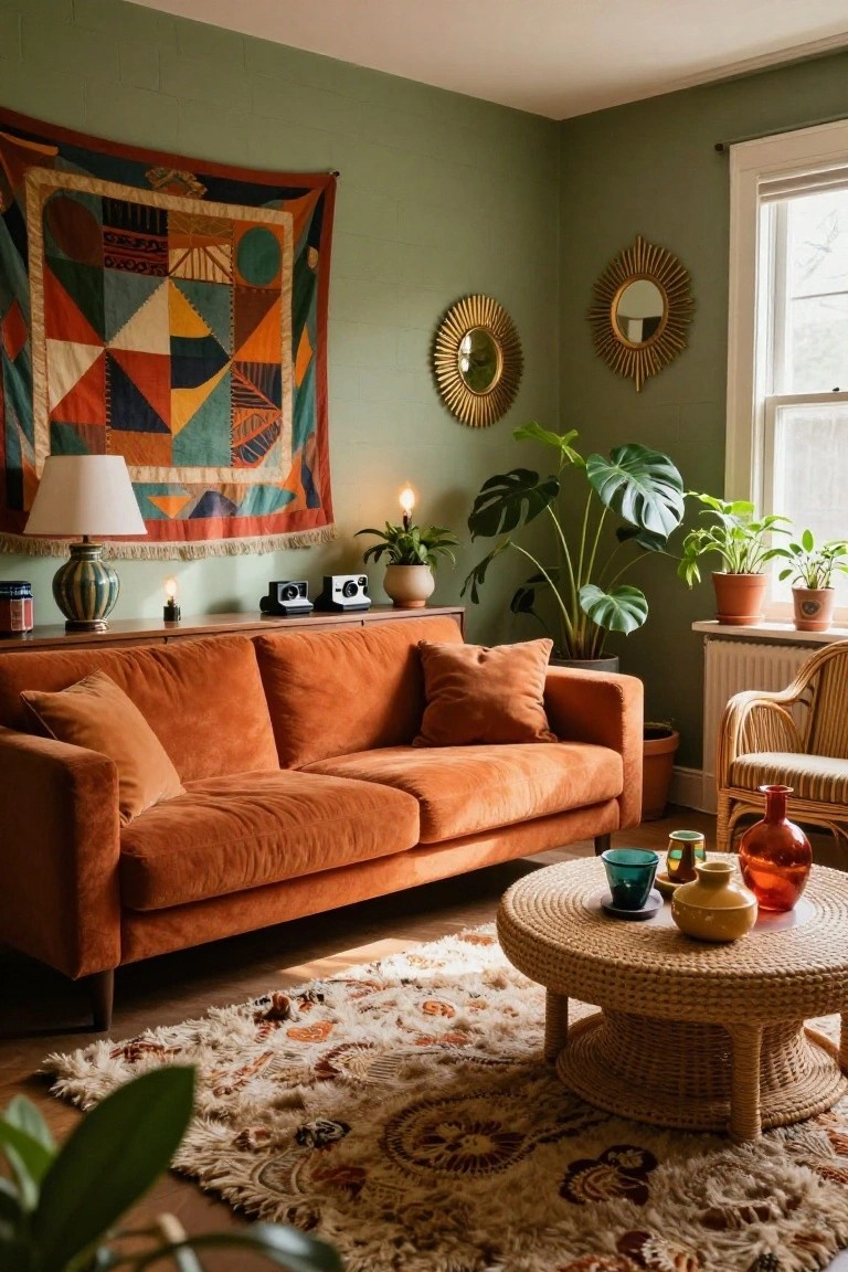 Living room with burnt orange velvet sofa, green walls, large geometric tapestry, potted plants, gold sunburst mirrors, rattan chair and table, and patterned rug.
