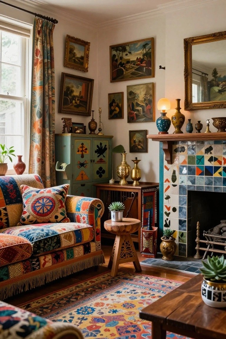 Living room corner with a fireplace featuring vibrant geometric tiles in blue, orange, green, and other colors, flanked by a patchwork sofa, green cabinet, artwork on walls, vases, plants, and wooden furniture.
