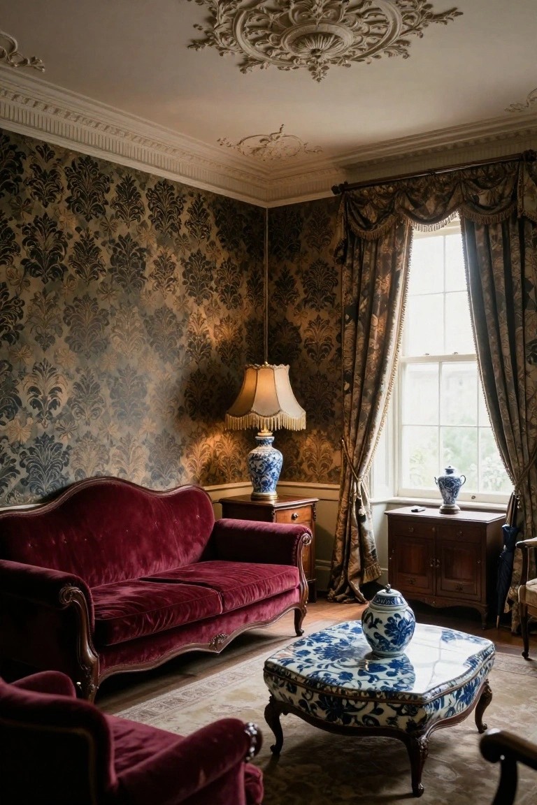 A living room corner with dark damask wallpaper on walls and ceiling, red velvet sofa and chairs, wooden tables holding blue and white porcelain vases and ginger jars, a fringed lamp, heavy drapes at a window, and a patterned footstool.