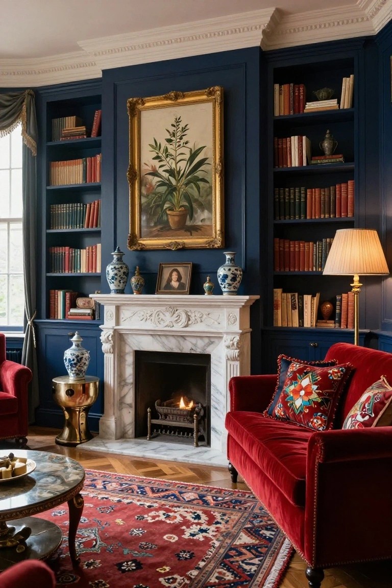 Living room with deep navy built-in bookcases filled with books, ceramics, and framed art flanking a white marble fireplace with gas fire, red velvet sofa and chairs, gold side table, and red Persian rug on herringbone parquet floor.