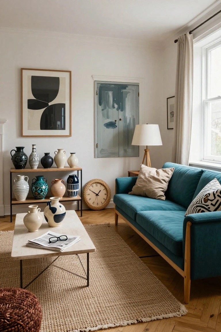 Modern living room with teal sofa, marble coffee table, and pottery collection.
