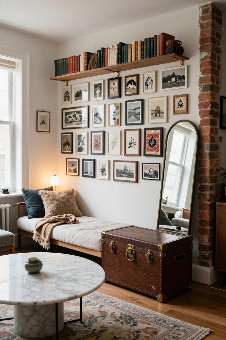 Living room corner with extensive gallery wall of assorted framed black-and-white photos, colorful prints, and artwork on white wall beside exposed brick, wooden bookshelves stocked with books above, daybed with pillows and throw blanket, round marble coffee table with vase, vintage leather trunk, and arched mirror.