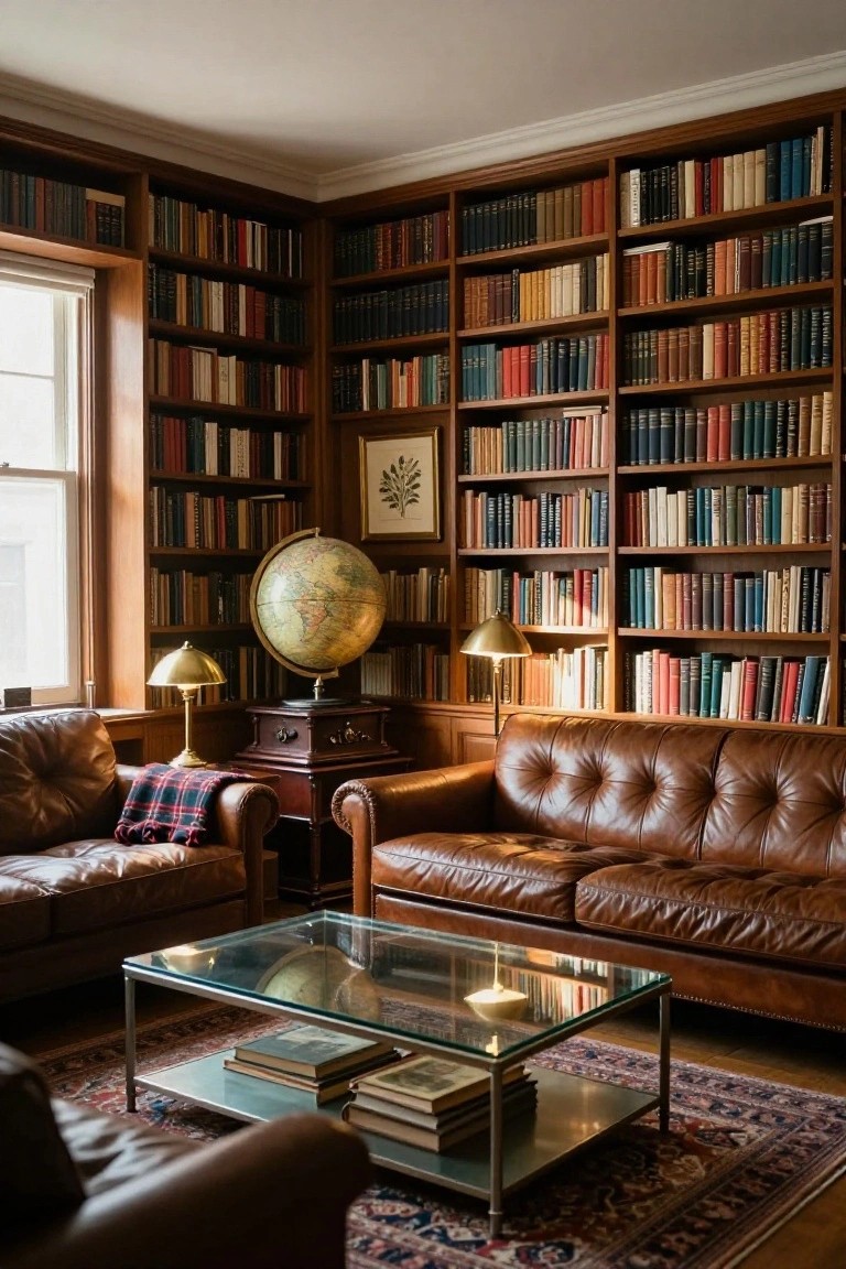 Warmly lit living room corner with floor-to-ceiling wooden bookshelves on three walls filled with assorted books, two tan leather sofas, glass coffee table with stacked books, wooden globe stand, brass lamps, and patterned rug on wood floor.