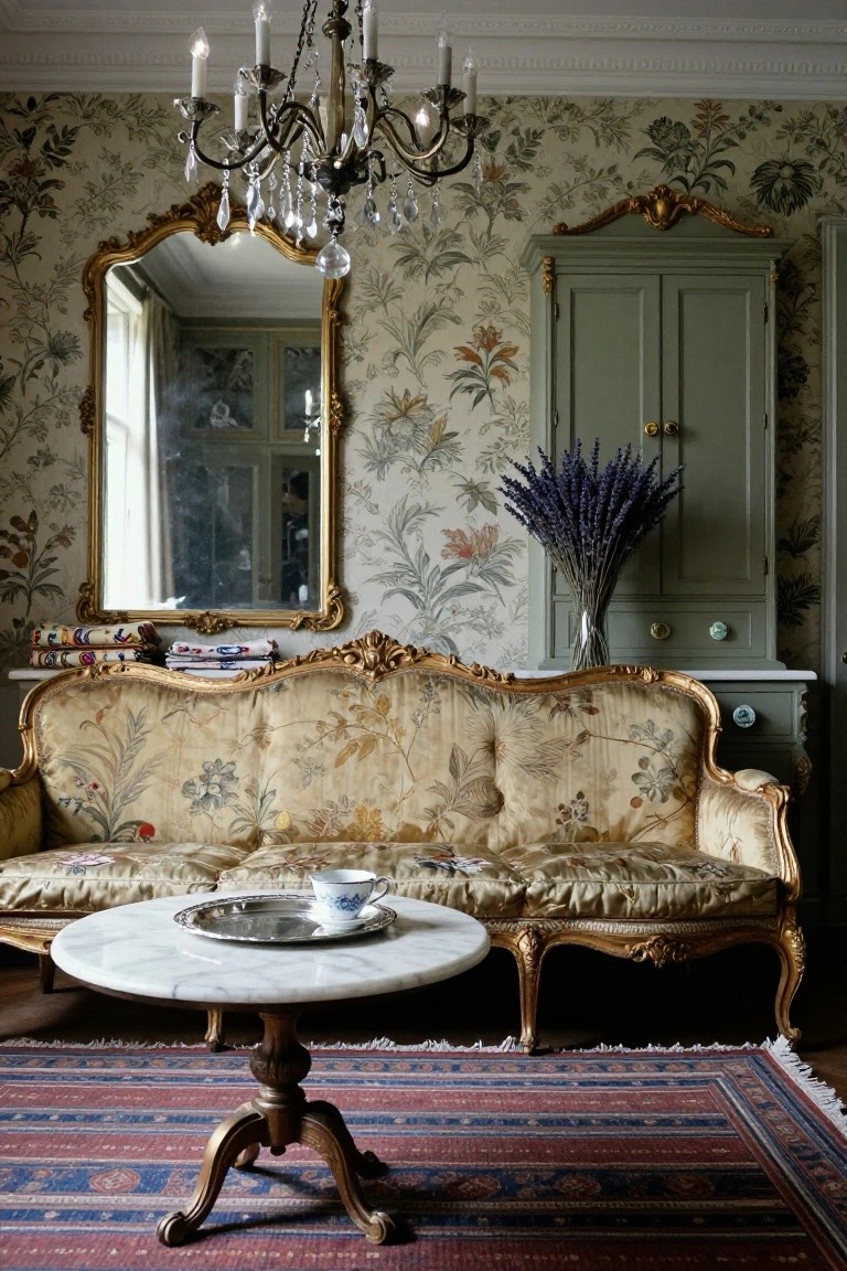 Vintage living room with gilded Rococo-style sofa upholstered in cream floral fabric, marble pedestal table with silver tray and teacup, gold mirror, green cabinet, lavender bouquet in glass vase, chandelier, and red-blue Persian rug on floral wallpapered walls.