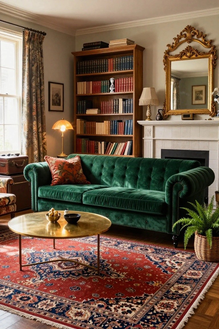 Living room interior with emerald green velvet tufted Chesterfield sofa facing a marble fireplace, wooden bookshelves filled with books, brass coffee table on red patterned rug, gold mirror on wall, and potted fern.