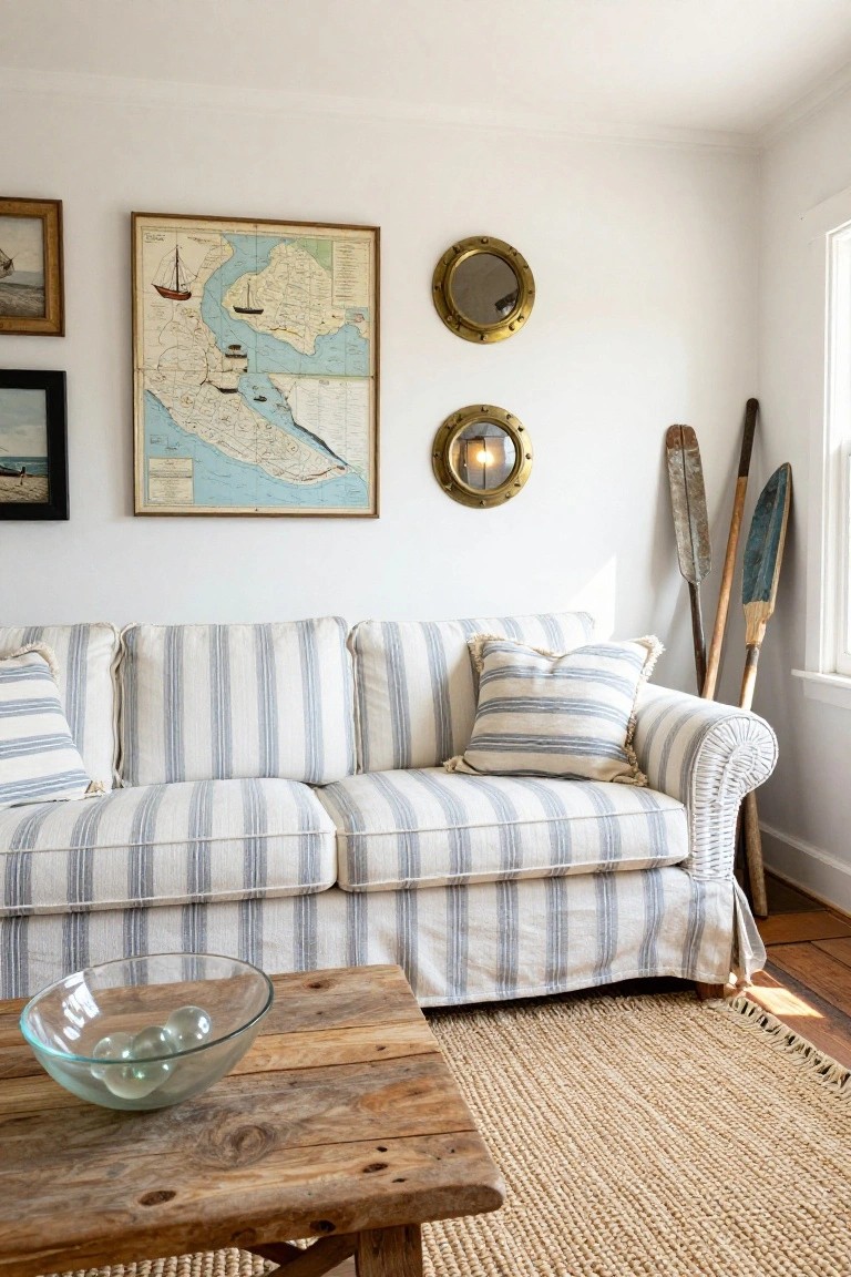 Living room corner featuring a white striped slipcovered sofa, wooden coffee table with glass bowl containing clear spheres, nautical chart on wall flanked by small paintings, two brass porthole mirrors, and three leaning wooden oars and paddles beside a window.