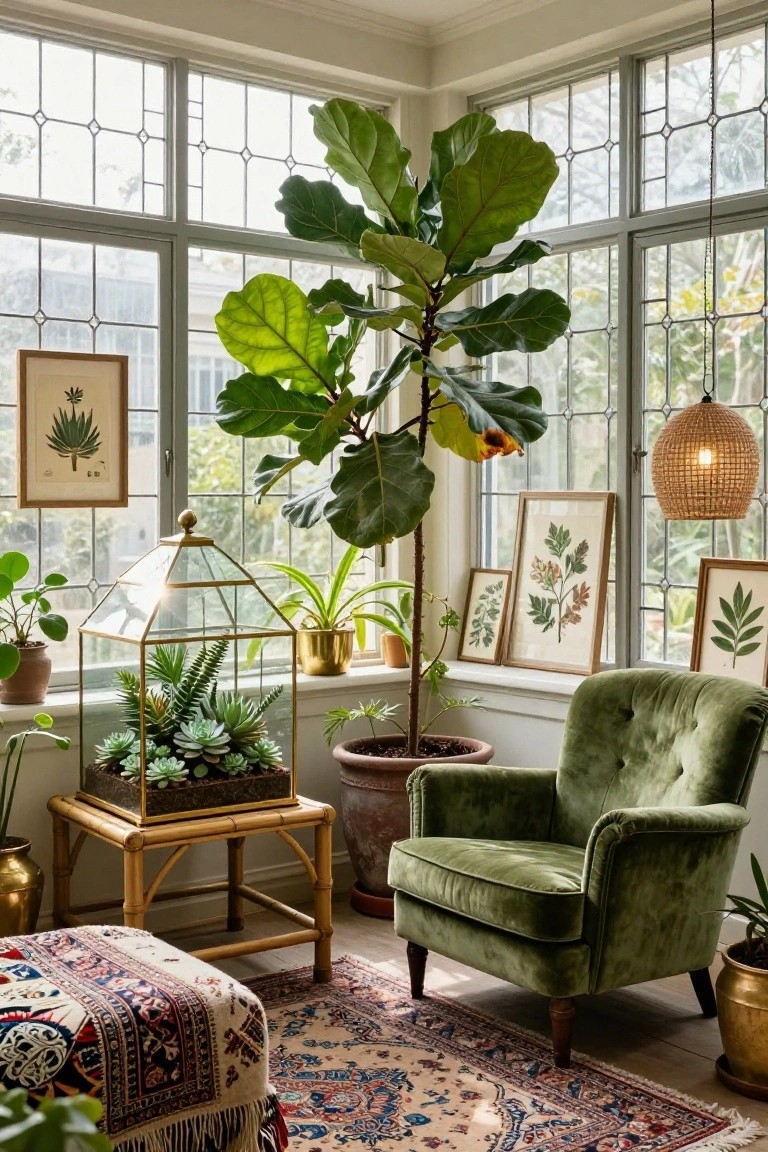 Sunlit room with fiddle-leaf fig, green velvet chair, terrarium, and patterned rug.