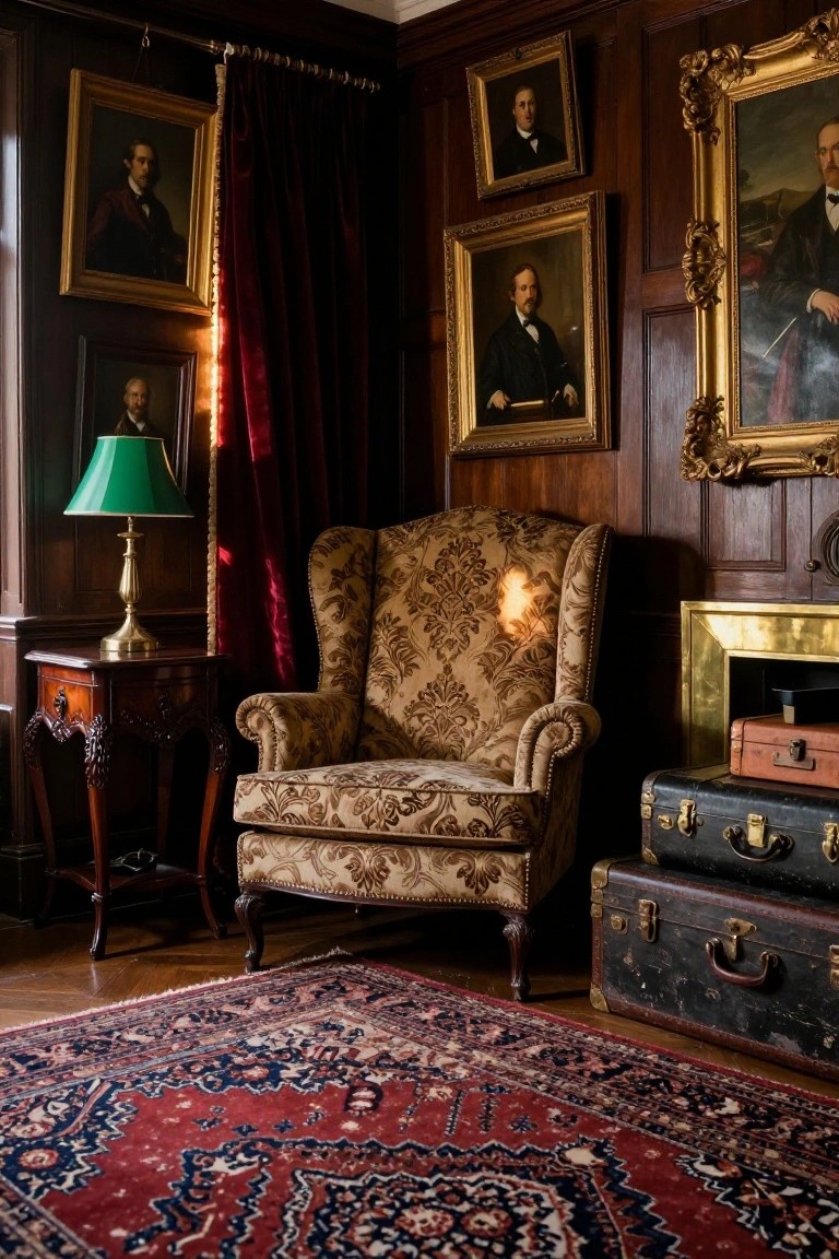 Wood-paneled room corner with multiple gold-framed portraits of men in formal attire on the walls, green lamp on side table, ornate upholstered wingback chair, stacked leather suitcases by fireplace, and red Persian rug on floor.