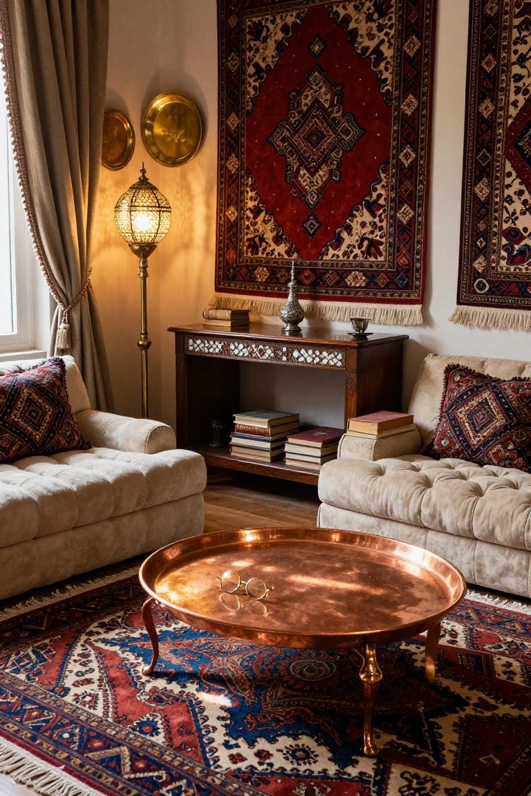 Cozy living room with ornate rugs, copper table, and warm lighting.