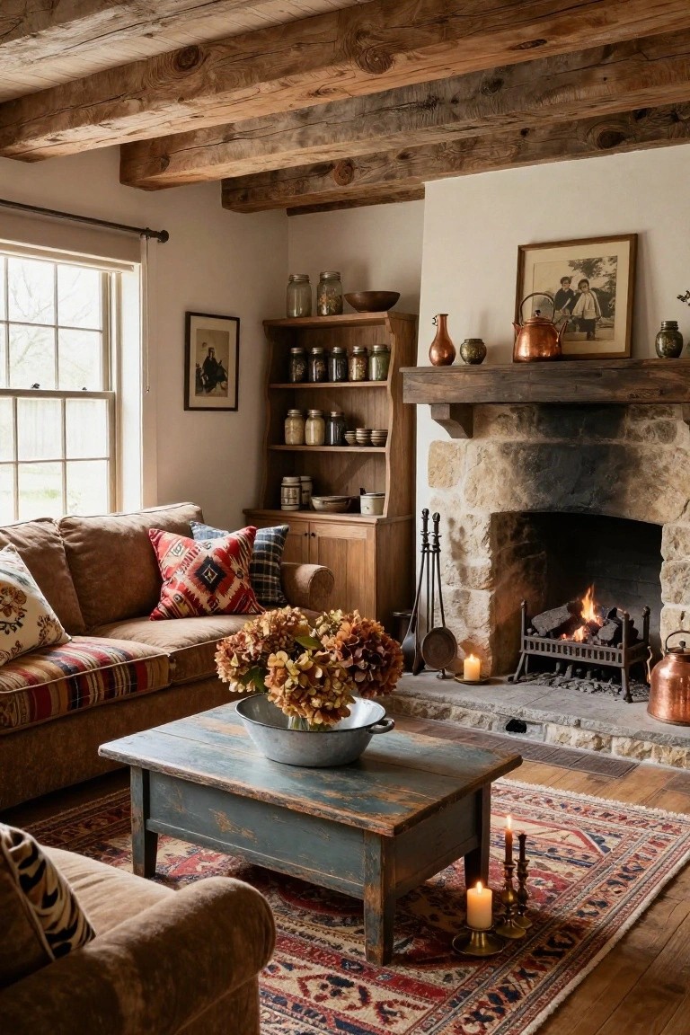 Cozy living room with dark exposed wooden ceiling beams, stone fireplace with fire burning, wooden shelves holding jars and pottery, brown sofa with colorful patterned pillows, blue wooden coffee table, and patterned rug.