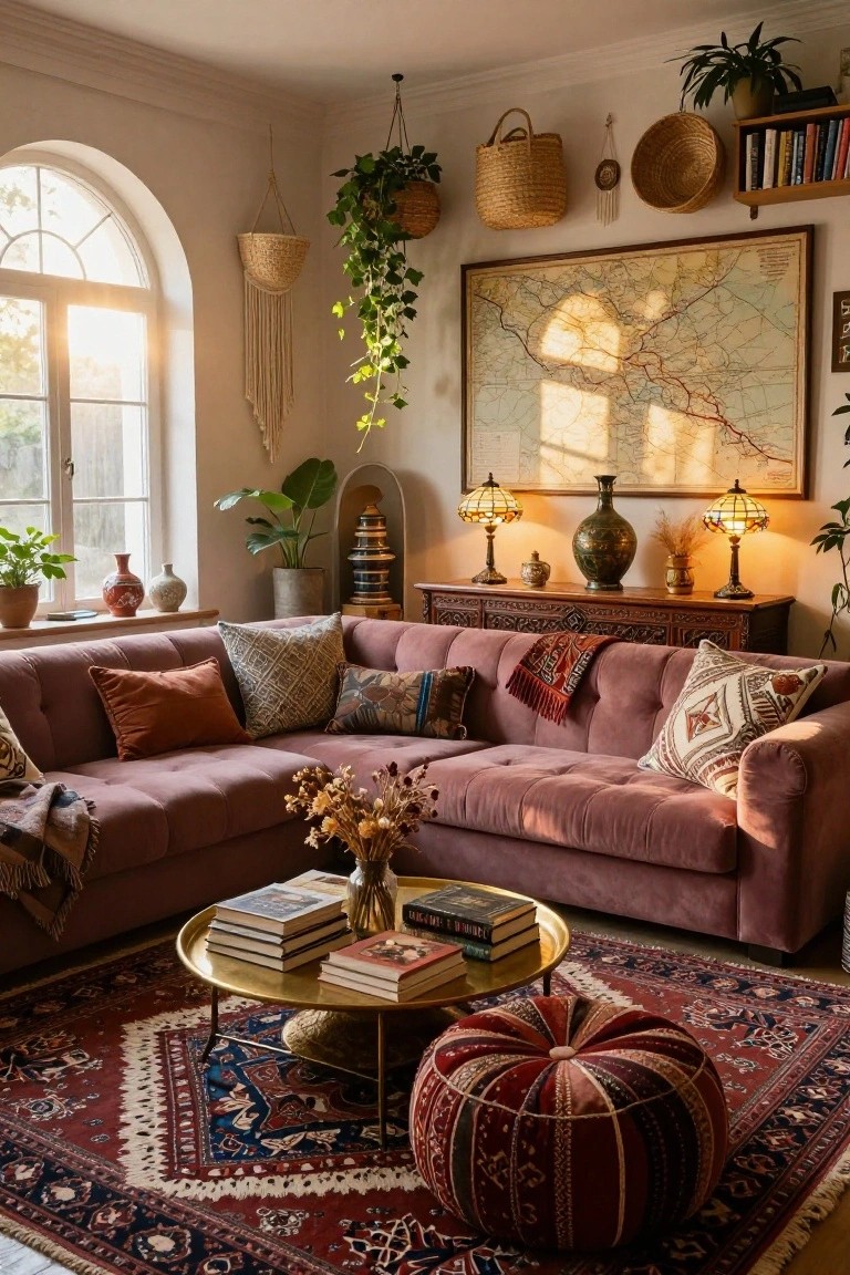 Sunlit living room corner with mauve velvet L-shaped sofa covered in assorted patterned pillows and throws, brass coffee table holding books and vase, multicolored pom-pom pouf on red and blue Persian rug, plants, vintage lamps, and large map on wall.
