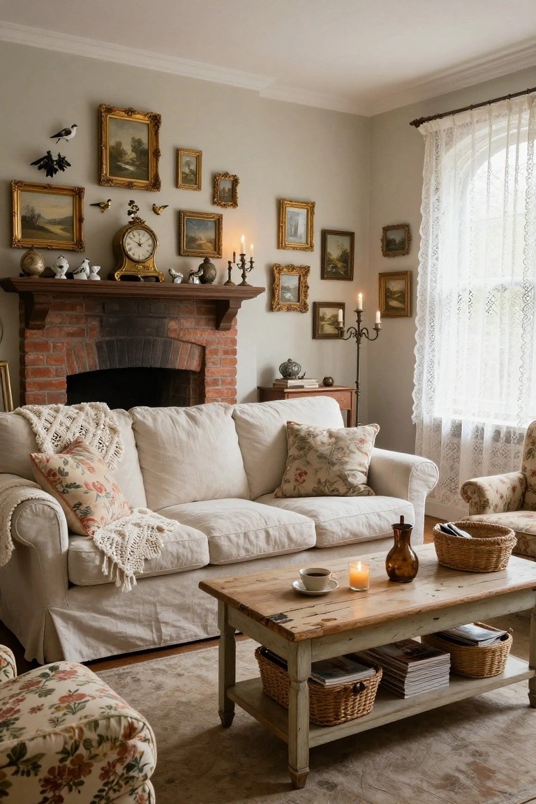 Living room with brick fireplace, mantel holding clock candelabras and figurines, walls covered in small gold-framed paintings, slipcovered sofa, and wooden coffee table with wicker baskets and candle.