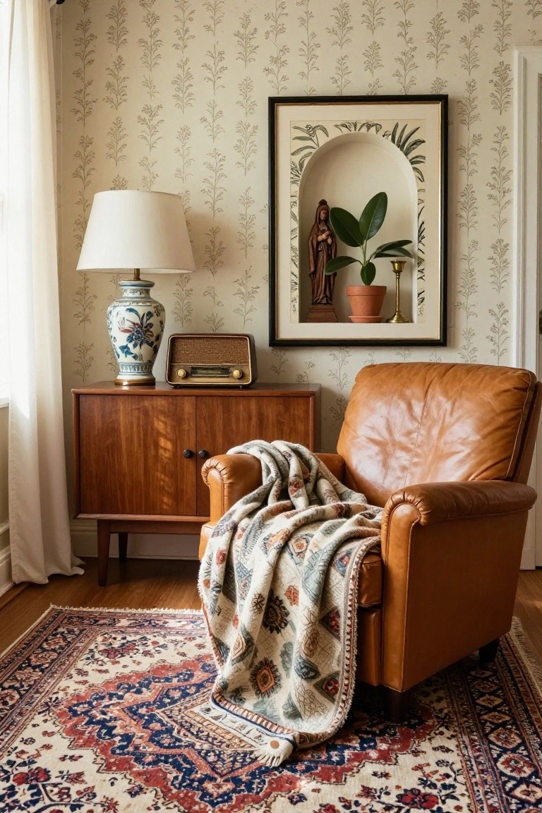 Brown leather armchair with patterned blanket beside wooden cabinet and vintage radio.