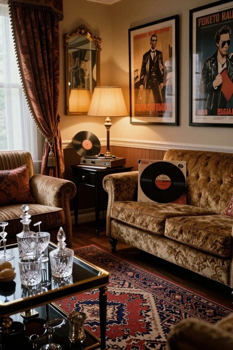 A warmly lit living room featuring brown tufted velvet sofas, a silver record player on a black stand with brass lamp, propped vinyl records, a glass decanter cart, retro posters on walls, ornate mirror, and patterned rug.
