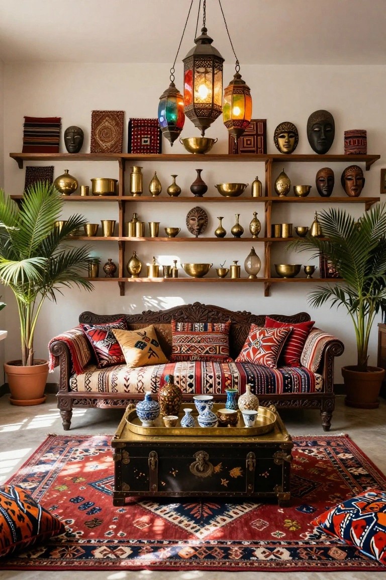 A living room with tall wooden open shelves displaying brass vessels, pottery, masks, books, and textiles, flanked by large potted palms, a carved wooden sofa with colorful patterned cushions and throws, a trunk-style coffee table with porcelain cups on a brass tray, and a red patterned rug.